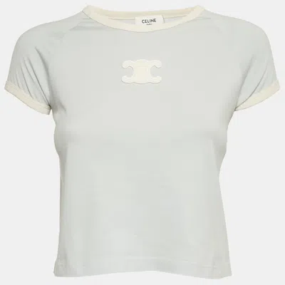 Pre-owned Celine Blue Triomphe Applique Jersey T-shirt Xs