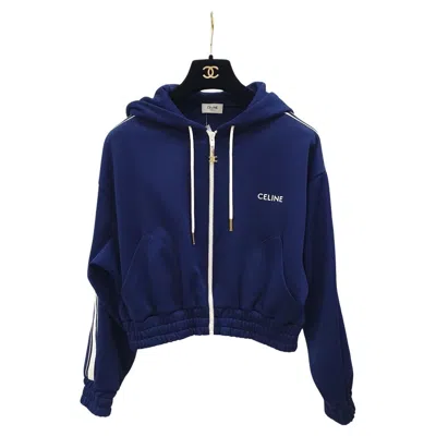 Pre-owned Celine Blue Triomphe Logo Bomber Jacket - Size Xs