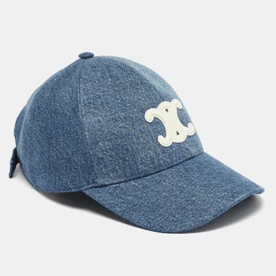 Pre-owned Celine Blue Union Wash Denim Triomphe Baseball Cap 57