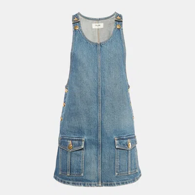 Pre-owned Celine Blue Washed Denim Mini Dungaree Dress Xs