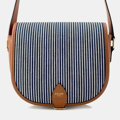 Pre-owned Celine Blue White And Brown Canvas And Leather Striped Folco Medium Shoulder Bag