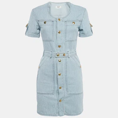 Pre-owned Celine Blue/white Stripe Cotton Button Front Belted Trapeze Mini Dress Xs