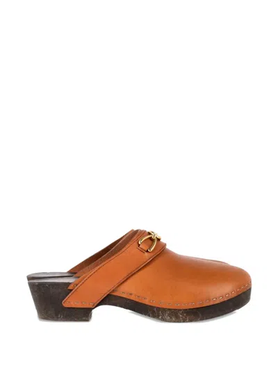 Pre-owned Celine Bois Chain-detail Leather Clogs In Brown