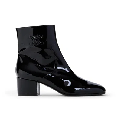 Celine Women Patent Leather Boots With Engraved Triomphe Logo In Black
