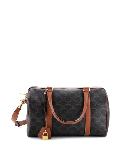Pre-owned Celine Boston Bag Triomphe Coated Canvas Large Handbag In Brown