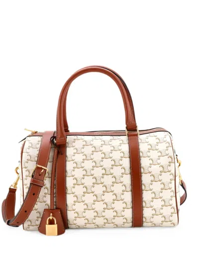 Pre-owned Celine Boston Bag Triomphe Coated Canvas Large Handbag In Brown