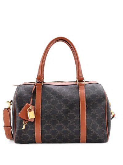 Pre-owned Celine Boston Bag Triomphe Coated Canvas Large Handbag In Brown
