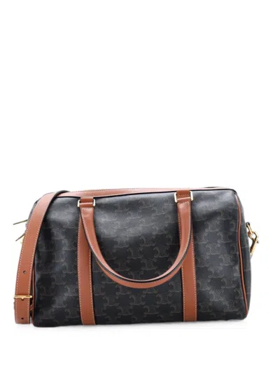 Pre-owned Celine Boston Bag Triomphe Coated Canvas Medium Shoulder Bag In Brown