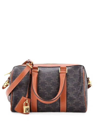 Pre-owned Celine Boston Bag Triomphe Coated Canvas Medium Shoulder Bag In Brown