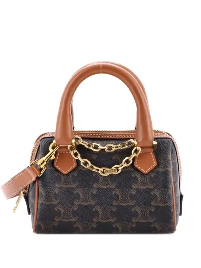 Pre-owned Celine Boston Bag Triomphe Coated Canvas Mini Satchel In Brown