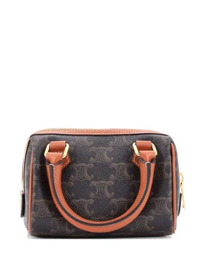 Pre-owned Celine Boston Bag Triomphe Coated Canvas Mini Satchel In Brown