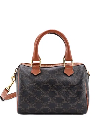 Pre-owned Celine Boston Bag Triomphe Coated Canvas Small Satchel In Brown