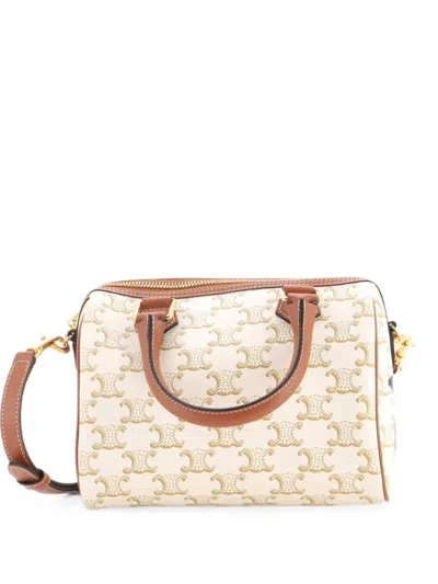 Pre-owned Celine Boston Bag Triomphe Coated Canvas Small Satchel In White