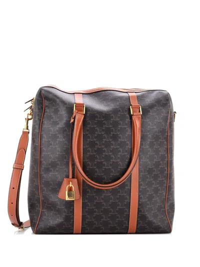 Pre-owned Celine Boston Bag Triomphe Coated Canvas Vertical Handbag In Brown