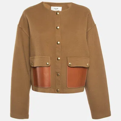 Pre-owned Celine Brown Cashmere Leather Pocket Detail Cardigan M