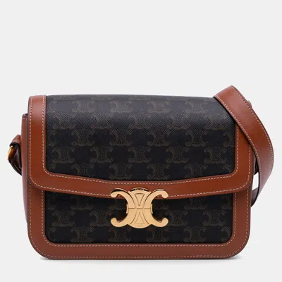 Pre-owned Celine Brown Classique Triomphe Coated Canvas And Calfskin Triomphe Crossbody