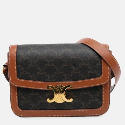 Pre-owned Celine Brown Classique Triomphe Coated Canvas And Calfskin Triomphe Crossbody