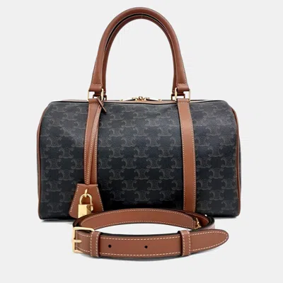 Pre-owned Celine Brown Coated Canvas And Leather Triumph Boston Bag