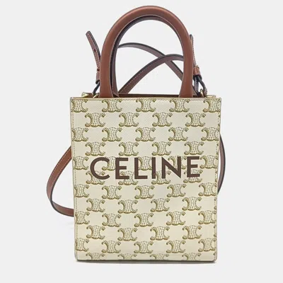 Pre-owned Celine Brown Cream Pvc Triumph Cabas Vertical Mini Bag