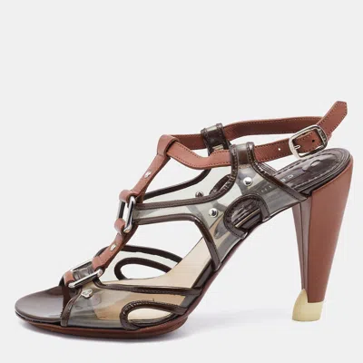 Pre-owned Celine Brown Leather And Pvc Caged Studded Ankle Strap Sandals Size 37.5