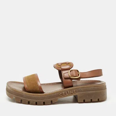 Pre-owned Celine Brown Leather And Suede Clea Triomphe Platform Sandals Size 37