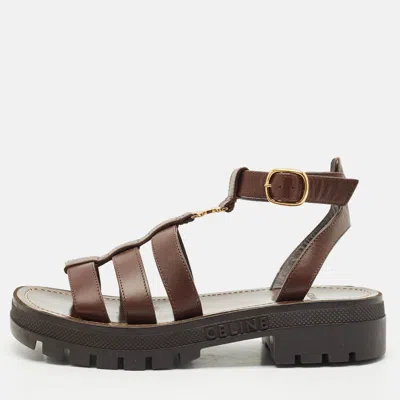 Pre-owned Celine Brown Leather Clea Triomphe Gladiator Flat Sandals Size 36