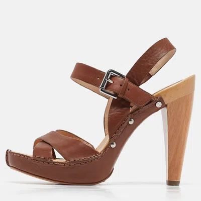 Pre-owned Celine Brown Leather Platform Ankle Strap Sandals Size 38