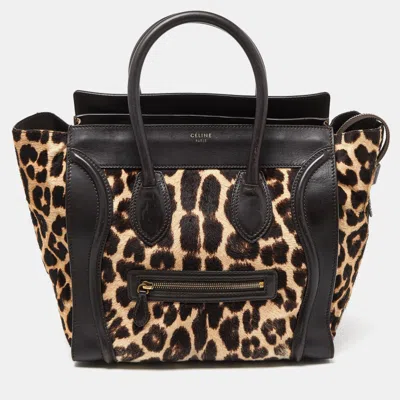 Pre-owned Celine Brown Leopard Print Calfhair And Leather Mini Luggage Tote