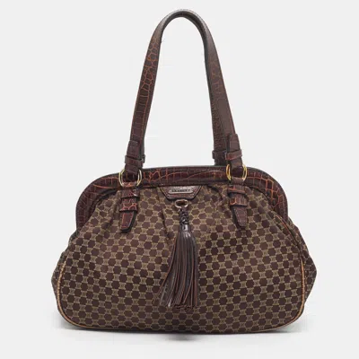 Pre-owned Celine Brown Macadam Canvas And Croc Embossed Leather Frame Satchel
