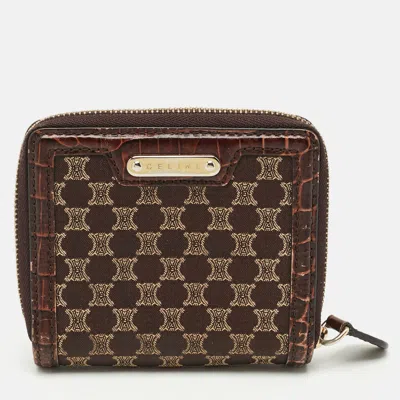 Pre-owned Celine Brown Macadam Fabric And Croc Embossed French Wallet