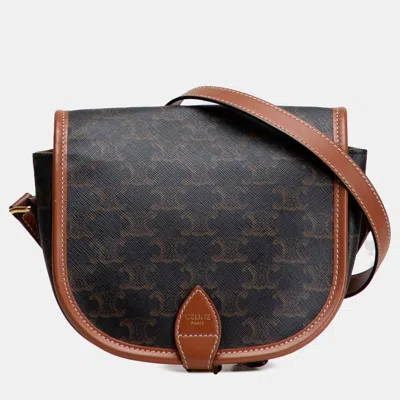 Pre-owned Celine Brown Medium Triomphe Coated Canvas Folco Crossbody