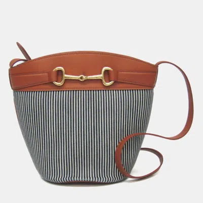 Pre-owned Celine Bucket Leather Canvas Shoulder Bag Brown Navy
