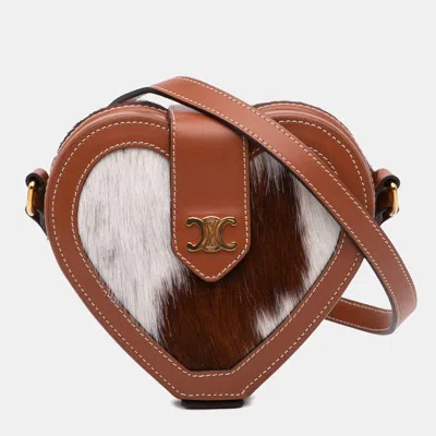 Pre-owned Celine Brown Pony Hair Triomphe Heart Tambour Crossbody Bag