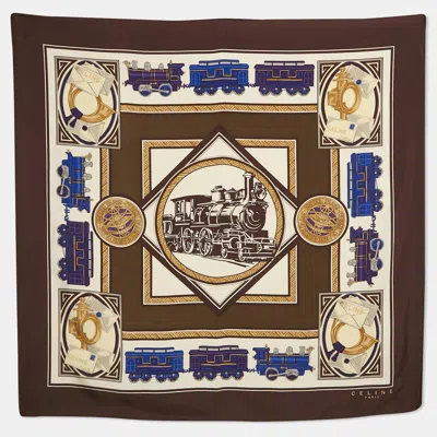 Pre-owned Celine Brown Printed Silk Square Scarf