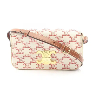 Pre-owned Celine Brown Red Color White Coated Canvas Leather Shoulder Bag ()