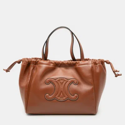 Pre-owned Celine Brown Small Calfskin Cuir Triomphe Cabas Drawstring Satchel