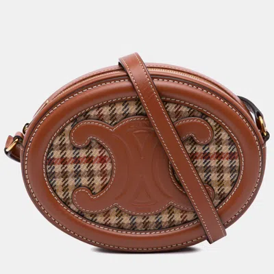 Pre-owned Celine Brown Small Canvas And Calfskin Cuir Triomphe Houndstooth Oval Crossbody