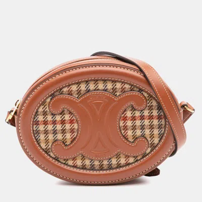 Pre-owned Celine Brown Small Houndstooth Canvas And Calfskin Cuir Triomphe Oval Crossbody