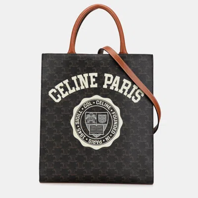 Pre-owned Celine Brown Small Paris Print Triomphe Coated Canvas Vertical Cabas