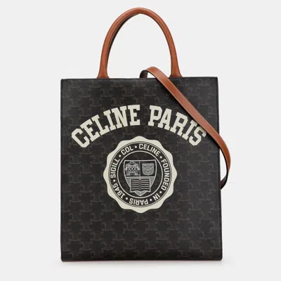 Pre-owned Celine Brown Small Paris Print Triomphe Coated Canvas Vertical Cabas Tote