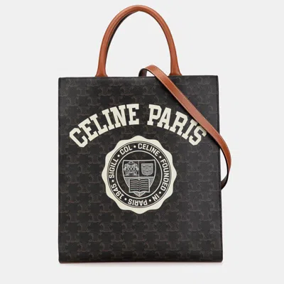 Pre-owned Celine Brown Small Paris Print Triomphe Coated Canvas Vertical Cabas Tote