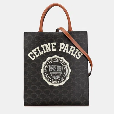 Pre-owned Celine Brown Small Triomphe Coated Canvas Paris Print Vertical Cabas