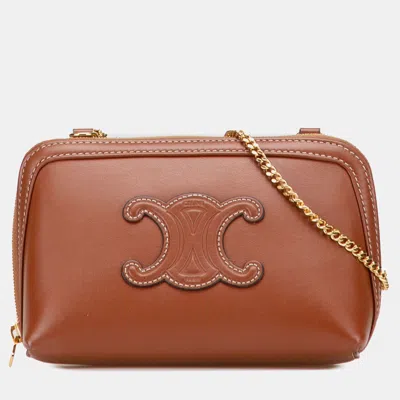 Pre-owned Celine Brown Smooth Calfskin Cuir Triomphe Clutch On Chain