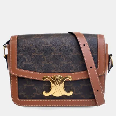Pre-owned Celine Brown Teen Triomphe Coated Canvas And Calfskin Triomphe Crossbody