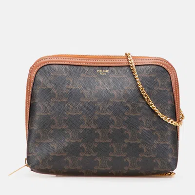 Pre-owned Celine Brown Triomphe Coated Canvas Clutch On Chain