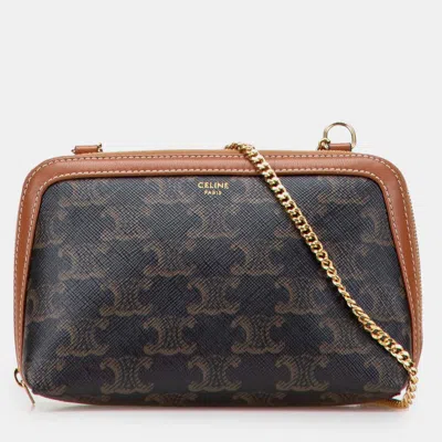Pre-owned Celine Brown Triomphe Coated Canvas Clutch On Chain