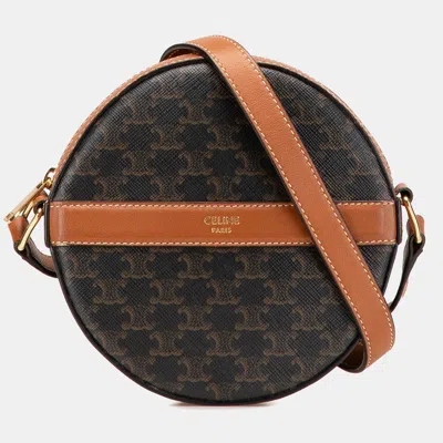 Pre-owned Celine Brown Triomphe Coated Canvas Round Purse On Strap