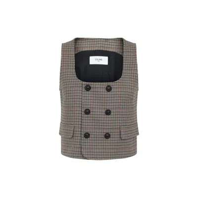 Celine Checked Wool Double-breasted Sleeveless Jacket In Gray