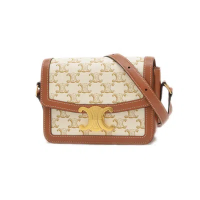 Pre-owned Celine Brown White Canvas Leather Shoulder Bag ()