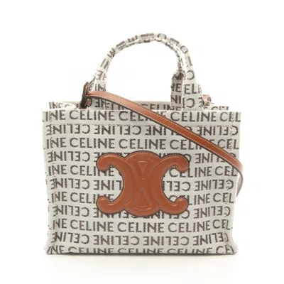 Pre-owned Celine Brown White Canvas Leather Tote Bag ()